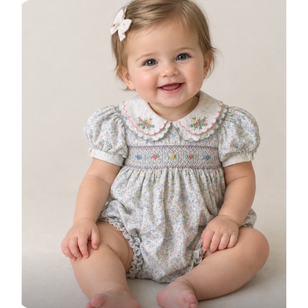 Vintage Carriage Boutiques Blue Floral Smoked Babt Girl Romper, 9M